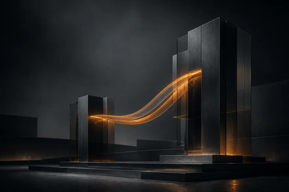 Sculptural dark glass forms connected by a warm amber ribbon of light